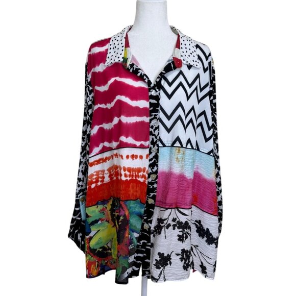 John Mark Womens Button-Up Shirt Long Sleeve Top Patchwork Colorful Size 3X - Picture 1 of 8